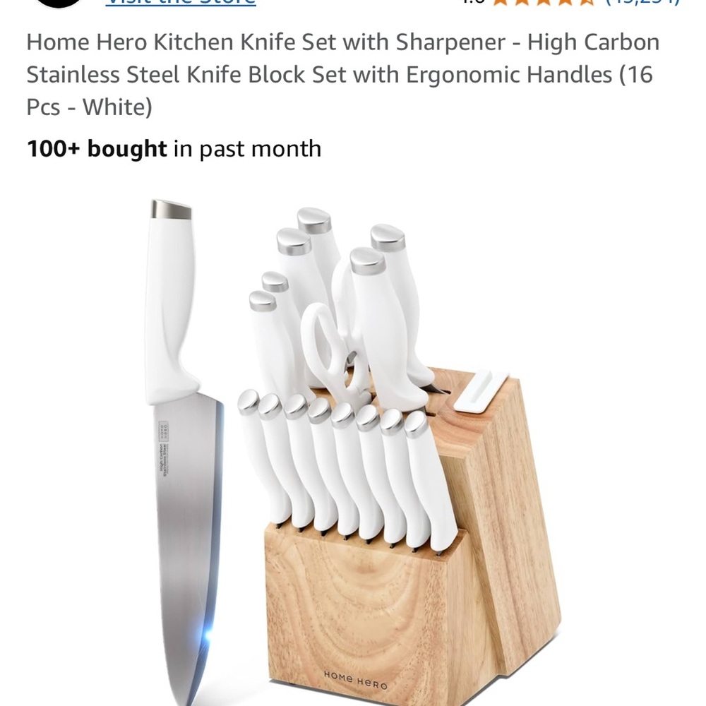 16 Pcs White High Carbon Knife Set with Sharpener and Ergonomic Handles